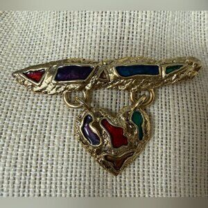 Vintage Dangling Heart Pin Brooch ~ Green Red Blue Purple Enamel Accents
